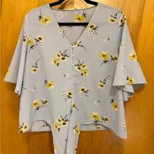 Lush V-Neck Floral Blouse - Soft Blue and Sunny Yellow